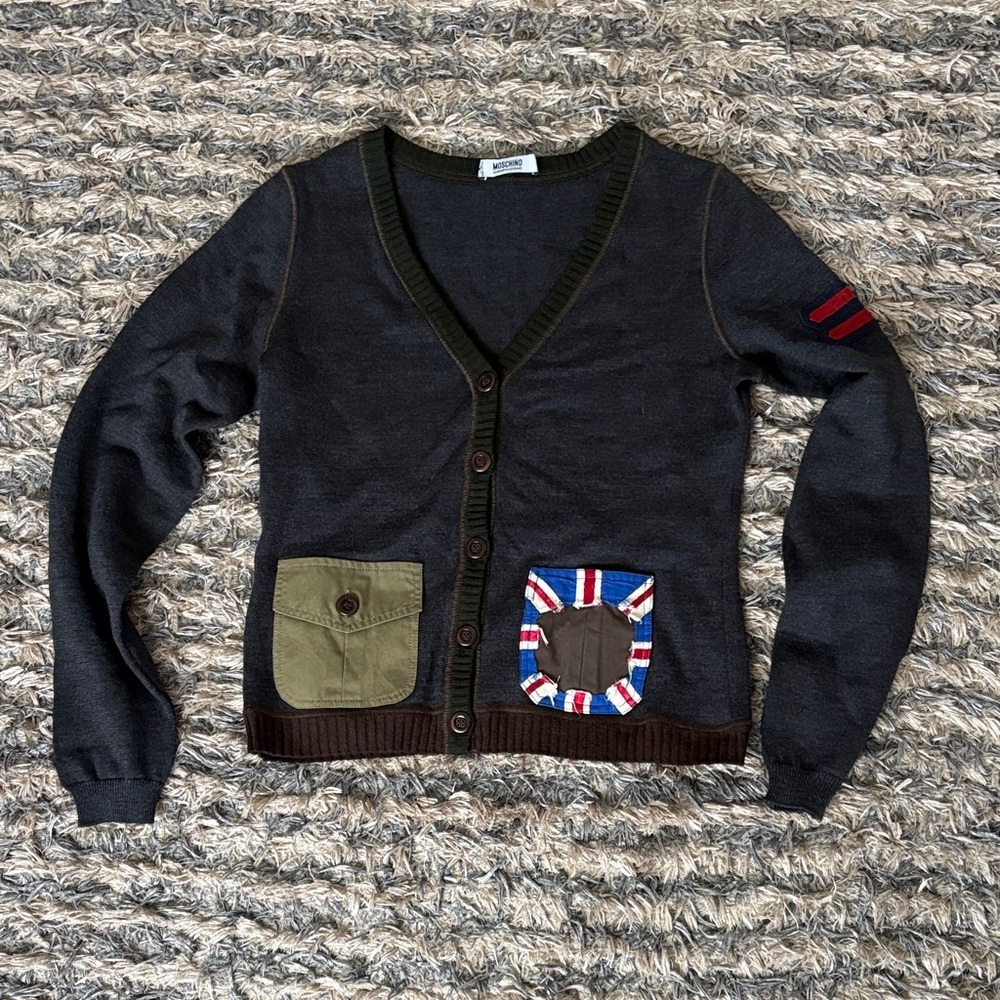 Moschino Virgin Wool Cardigan with Olive and Multicolor Pockets Size S New